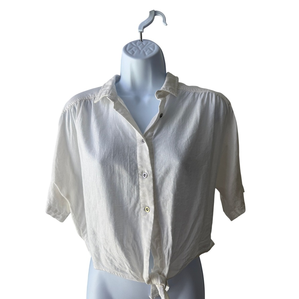 MOD REF Tie Front Button Up Cotton Linen Top White Medium